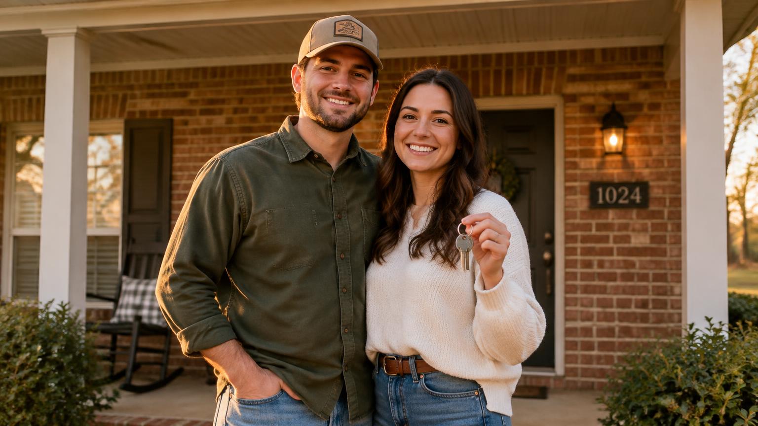 New homeowners outside a brick home in Mississippi