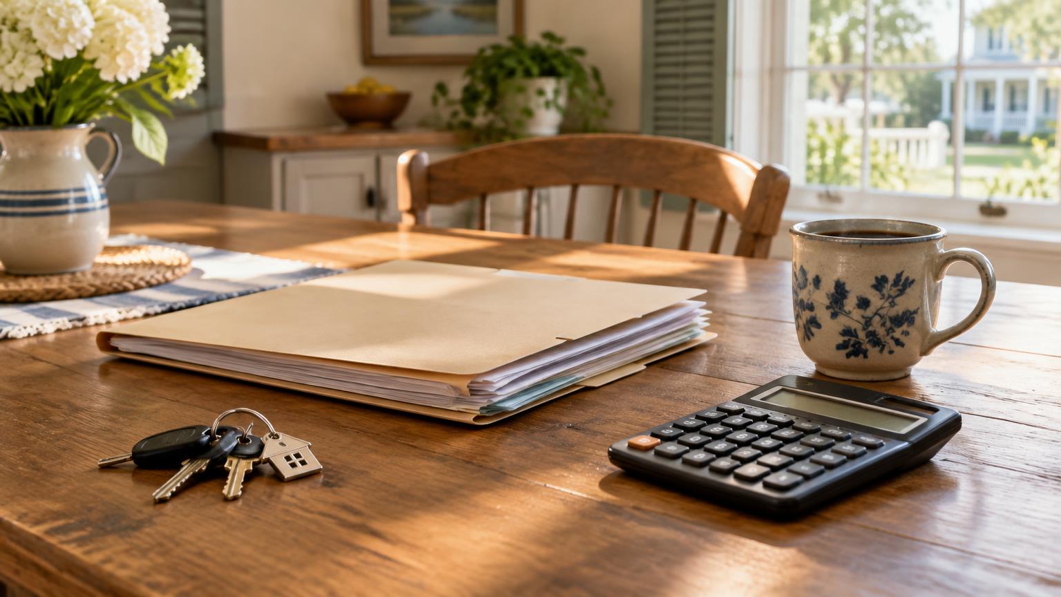 Kitchen table with house keys, paperwork and a calculator